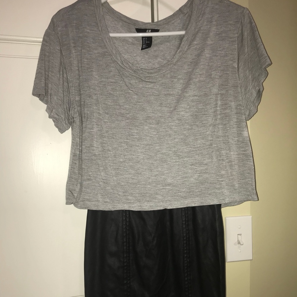Gray top with black leather bottom dress